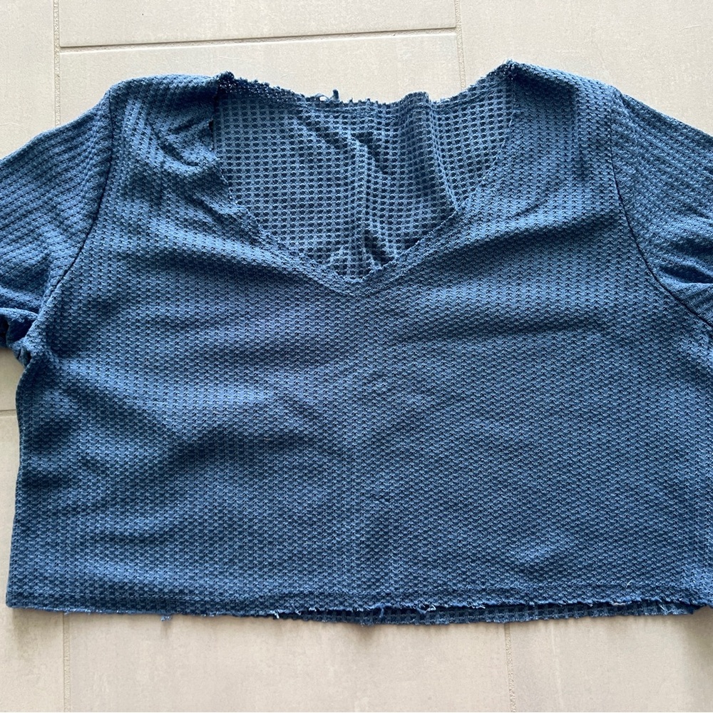 Blue Textured Waffle Crop Top